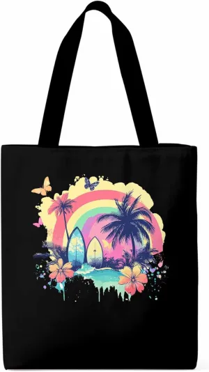 Canvas Tote Bag, Rainbow Palm Tree Butterfly Surfboard Aesthetic Canvas Tote Handbags for Women Shoulder Bag