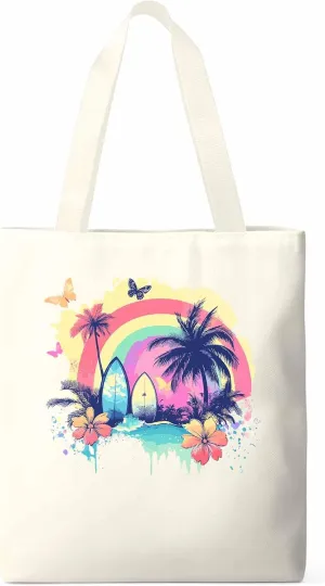 Canvas Tote Bag, Rainbow Palm Tree Butterfly Surfboard Aesthetic Canvas Tote Handbags for Women Shoulder Bag