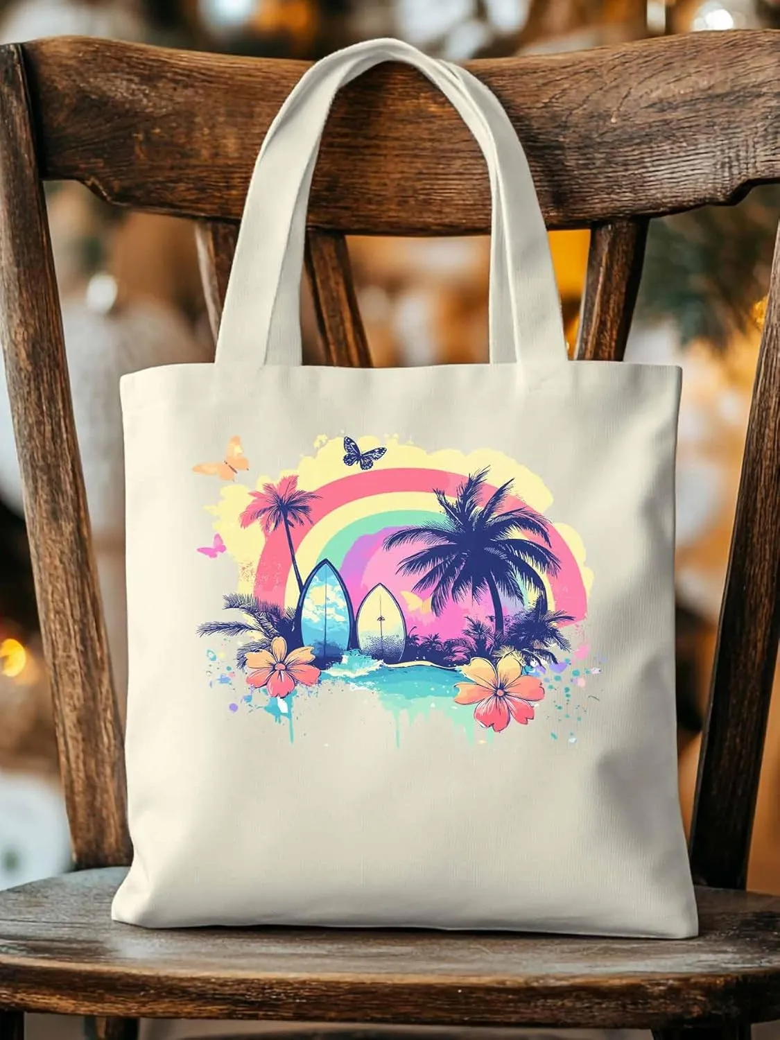 Canvas Tote Bag, Rainbow Palm Tree Butterfly Surfboard Aesthetic Canvas Tote Handbags for Women Shoulder Bag