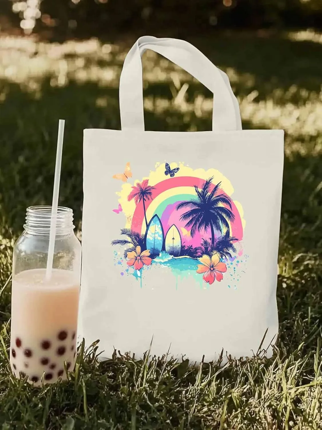 Canvas Tote Bag, Rainbow Palm Tree Butterfly Surfboard Aesthetic Canvas Tote Handbags for Women Shoulder Bag