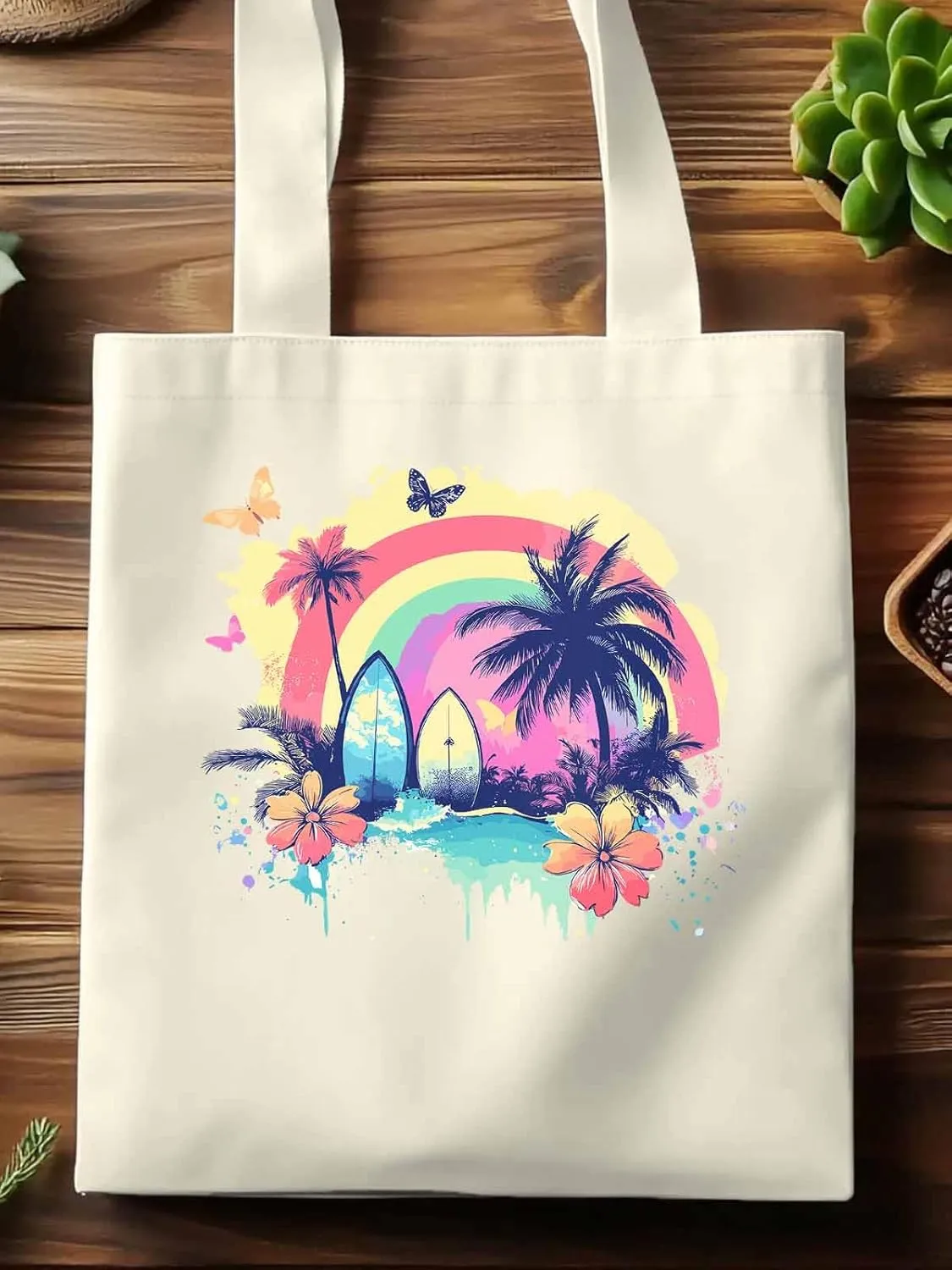 Canvas Tote Bag, Rainbow Palm Tree Butterfly Surfboard Aesthetic Canvas Tote Handbags for Women Shoulder Bag