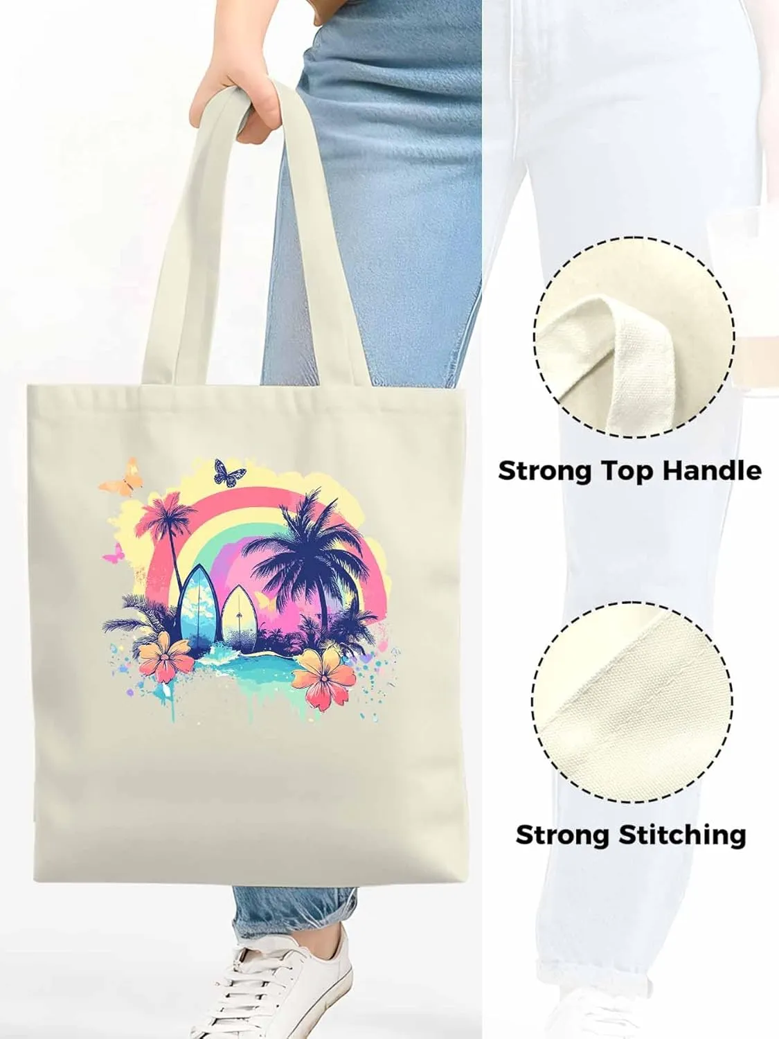 Canvas Tote Bag, Rainbow Palm Tree Butterfly Surfboard Aesthetic Canvas Tote Handbags for Women Shoulder Bag