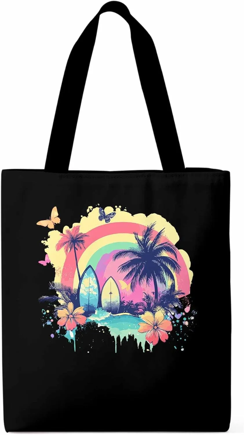 Canvas Tote Bag, Rainbow Palm Tree Butterfly Surfboard Aesthetic Canvas Tote Handbags for Women Shoulder Bag