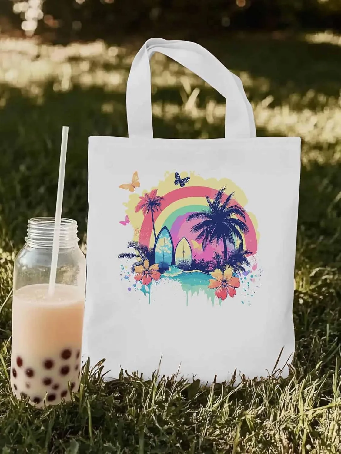 Canvas Tote Bag, Rainbow Palm Tree Butterfly Surfboard Aesthetic Canvas Tote Handbags for Women Shoulder Bag