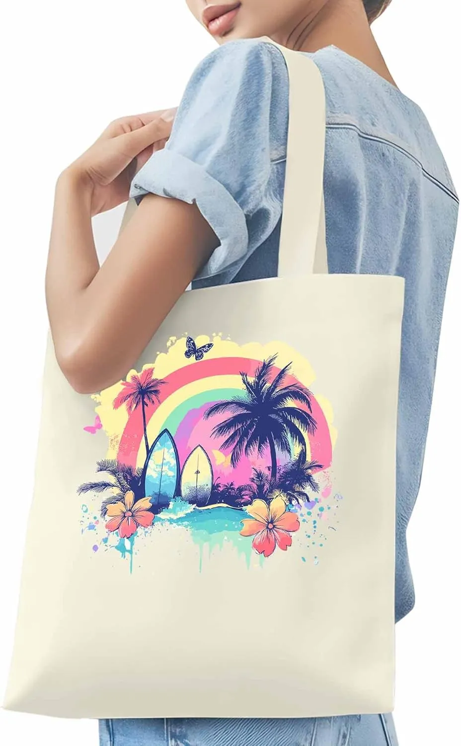 Canvas Tote Bag, Rainbow Palm Tree Butterfly Surfboard Aesthetic Canvas Tote Handbags for Women Shoulder Bag