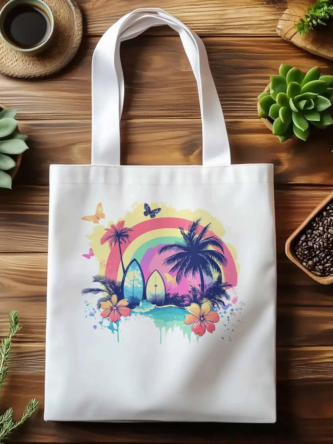 Canvas Tote Bag, Rainbow Palm Tree Butterfly Surfboard Aesthetic Canvas Tote Handbags for Women Shoulder Bag