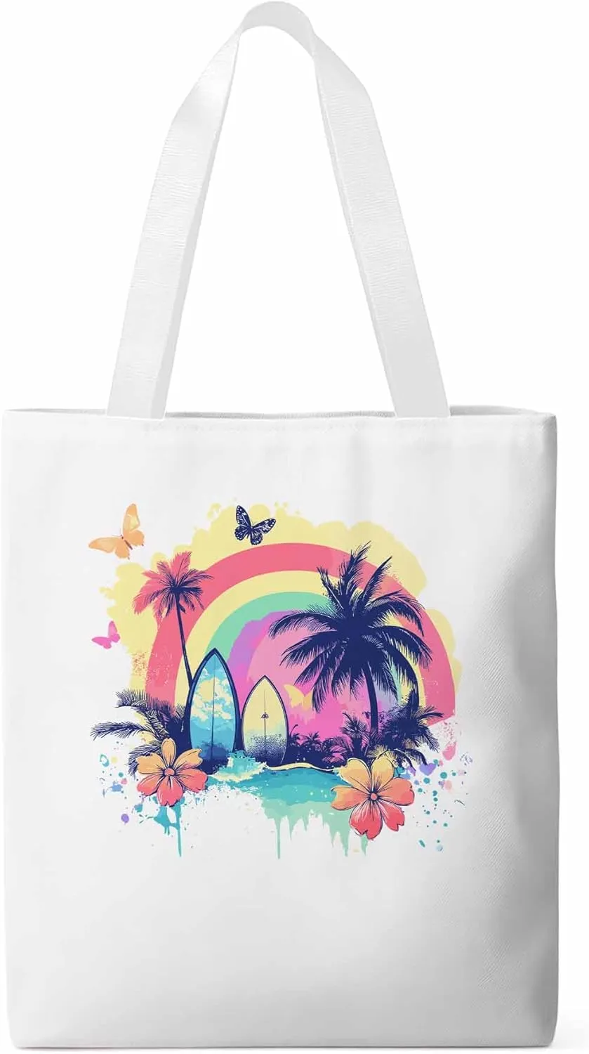 Canvas Tote Bag, Rainbow Palm Tree Butterfly Surfboard Aesthetic Canvas Tote Handbags for Women Shoulder Bag