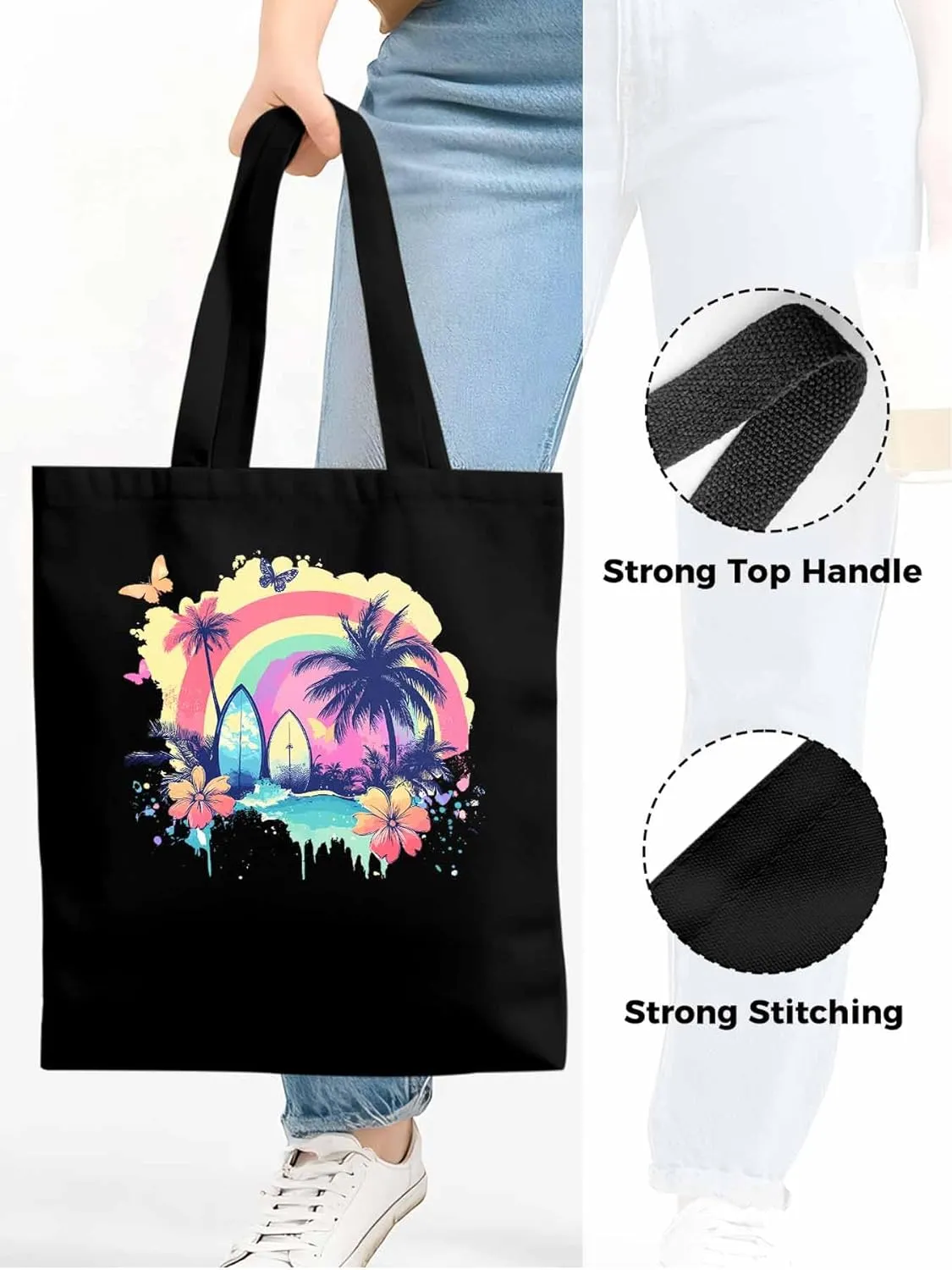 Canvas Tote Bag, Rainbow Palm Tree Butterfly Surfboard Aesthetic Canvas Tote Handbags for Women Shoulder Bag