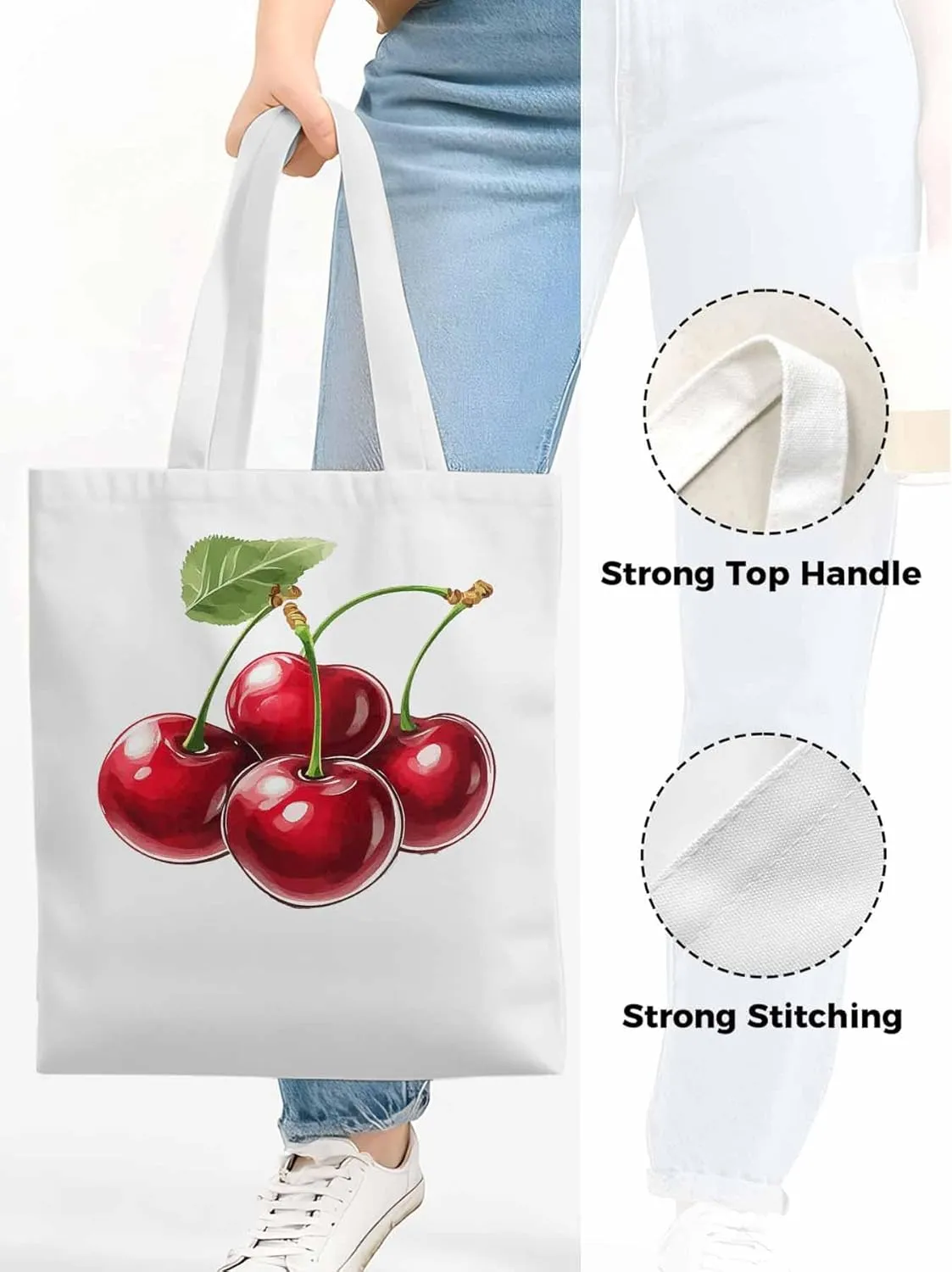 Canvas Tote Bag, Red Cherry Aesthetic Canvas Tote Handbags for Women Shoulder Bag,