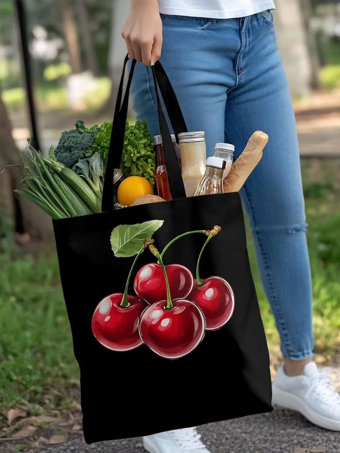 Canvas Tote Bag, Red Cherry Aesthetic Canvas Tote Handbags for Women Shoulder Bag,