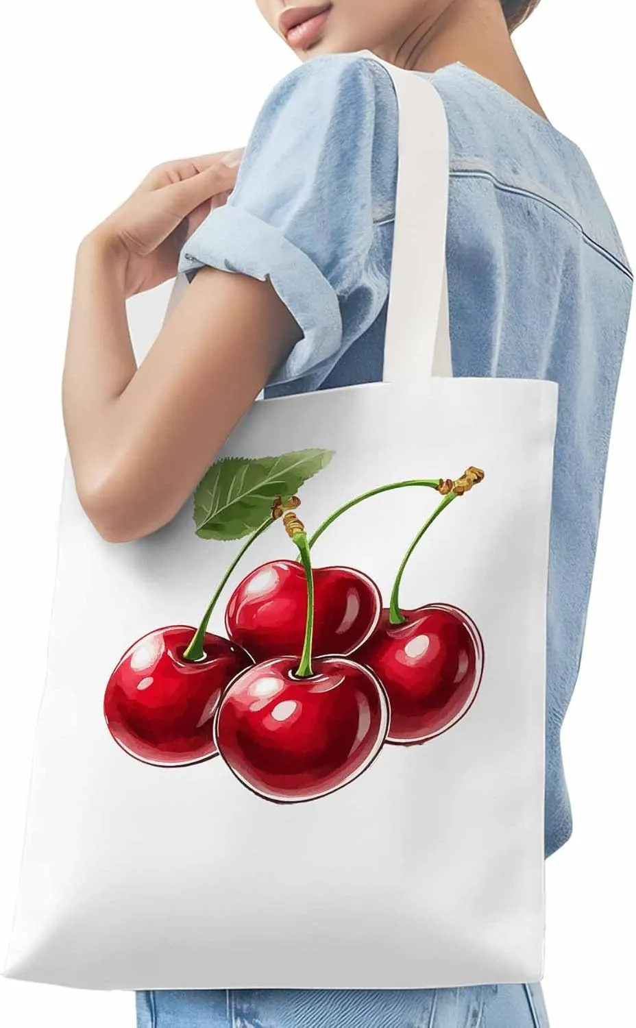 Canvas Tote Bag, Red Cherry Aesthetic Canvas Tote Handbags for Women Shoulder Bag,