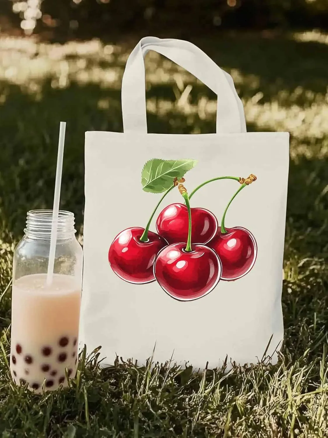 Canvas Tote Bag, Red Cherry Aesthetic Canvas Tote Handbags for Women Shoulder Bag,