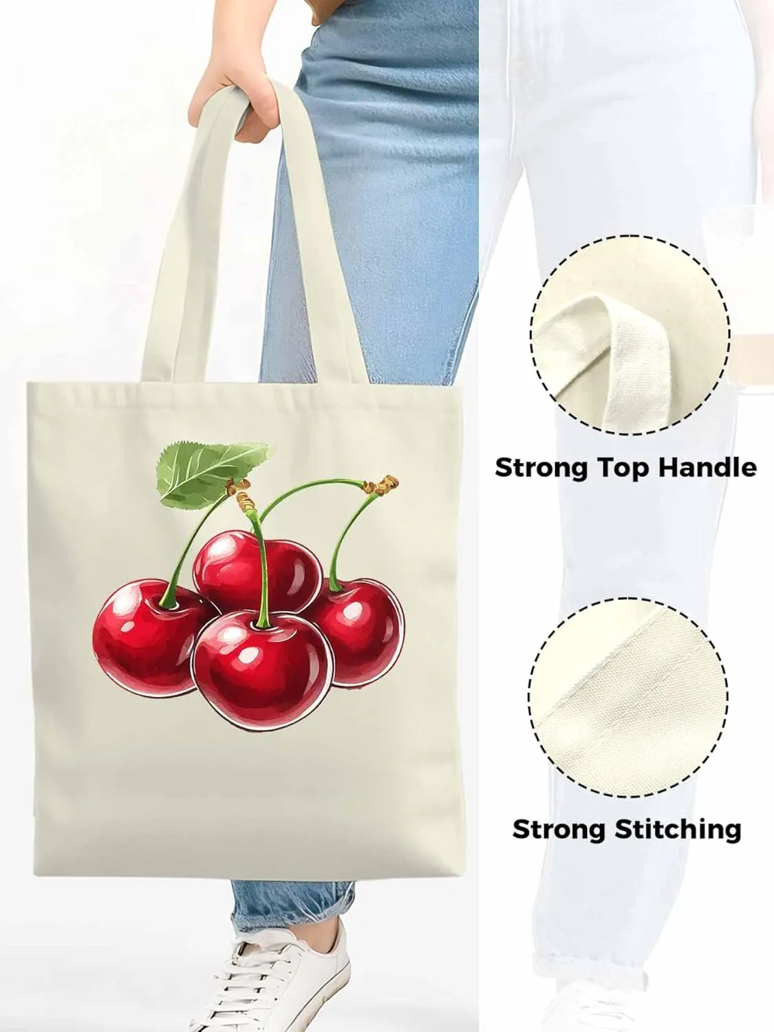 Canvas Tote Bag, Red Cherry Aesthetic Canvas Tote Handbags for Women Shoulder Bag,