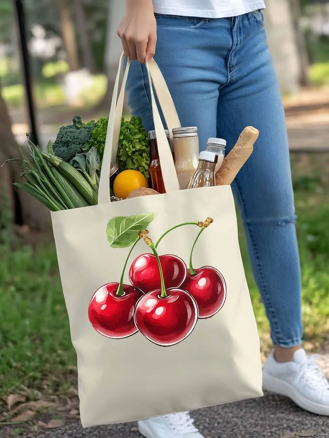 Canvas Tote Bag, Red Cherry Aesthetic Canvas Tote Handbags for Women Shoulder Bag,