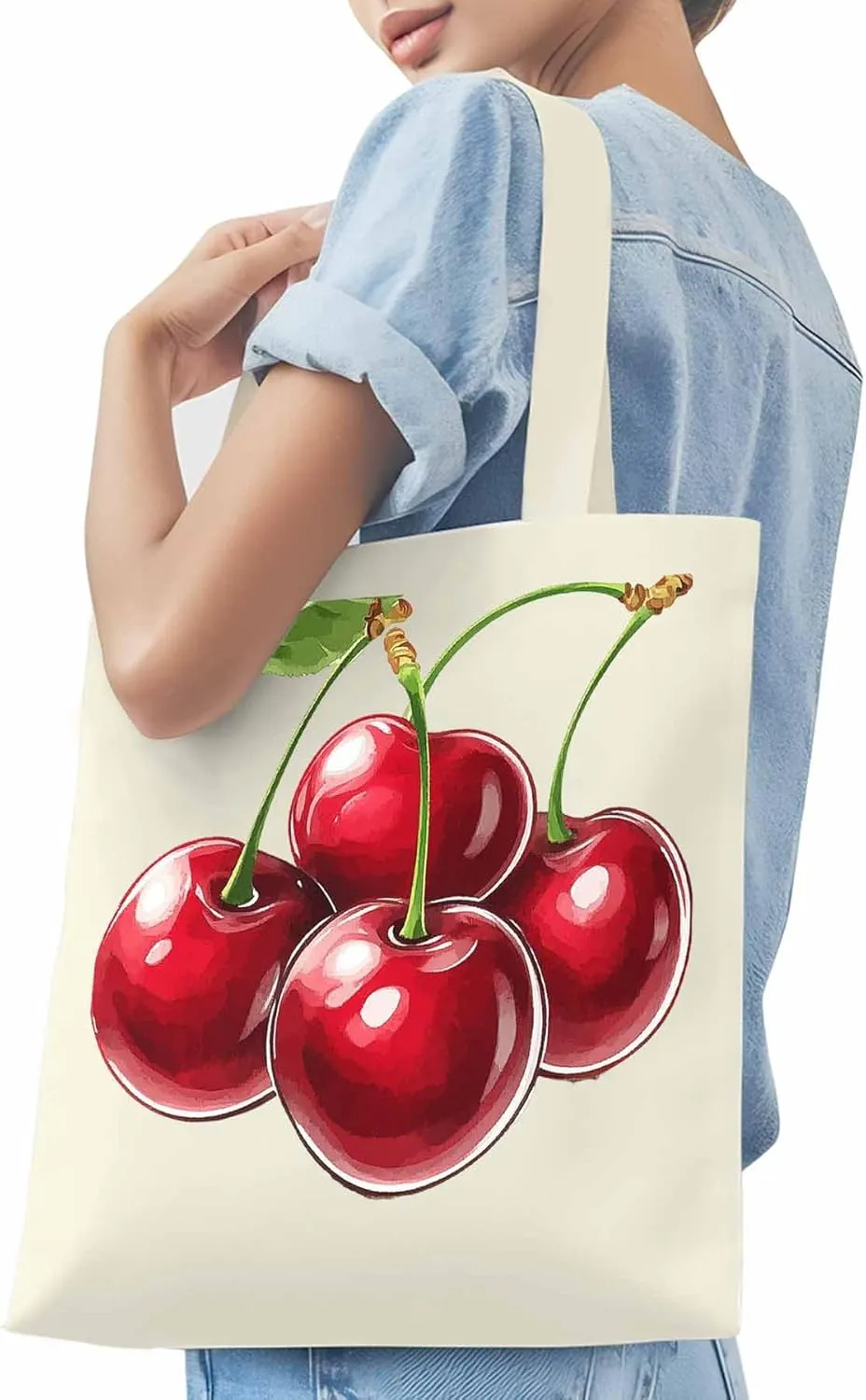 Canvas Tote Bag, Red Cherry Aesthetic Canvas Tote Handbags for Women Shoulder Bag,