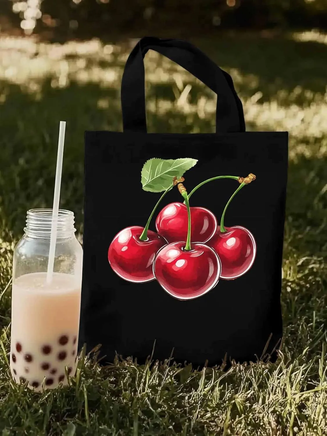 Canvas Tote Bag, Red Cherry Aesthetic Canvas Tote Handbags for Women Shoulder Bag,