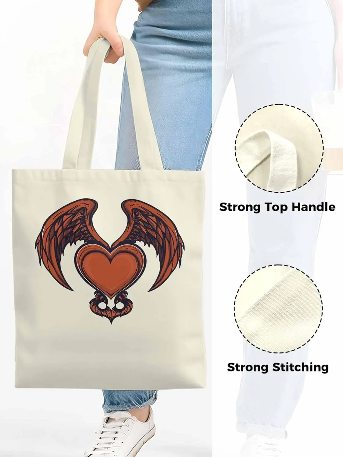 Canvas Tote Bag, Red Devil Wings Love Valentine's Day Aesthetic Canvas Tote Handbags for Women Shoulder Bag