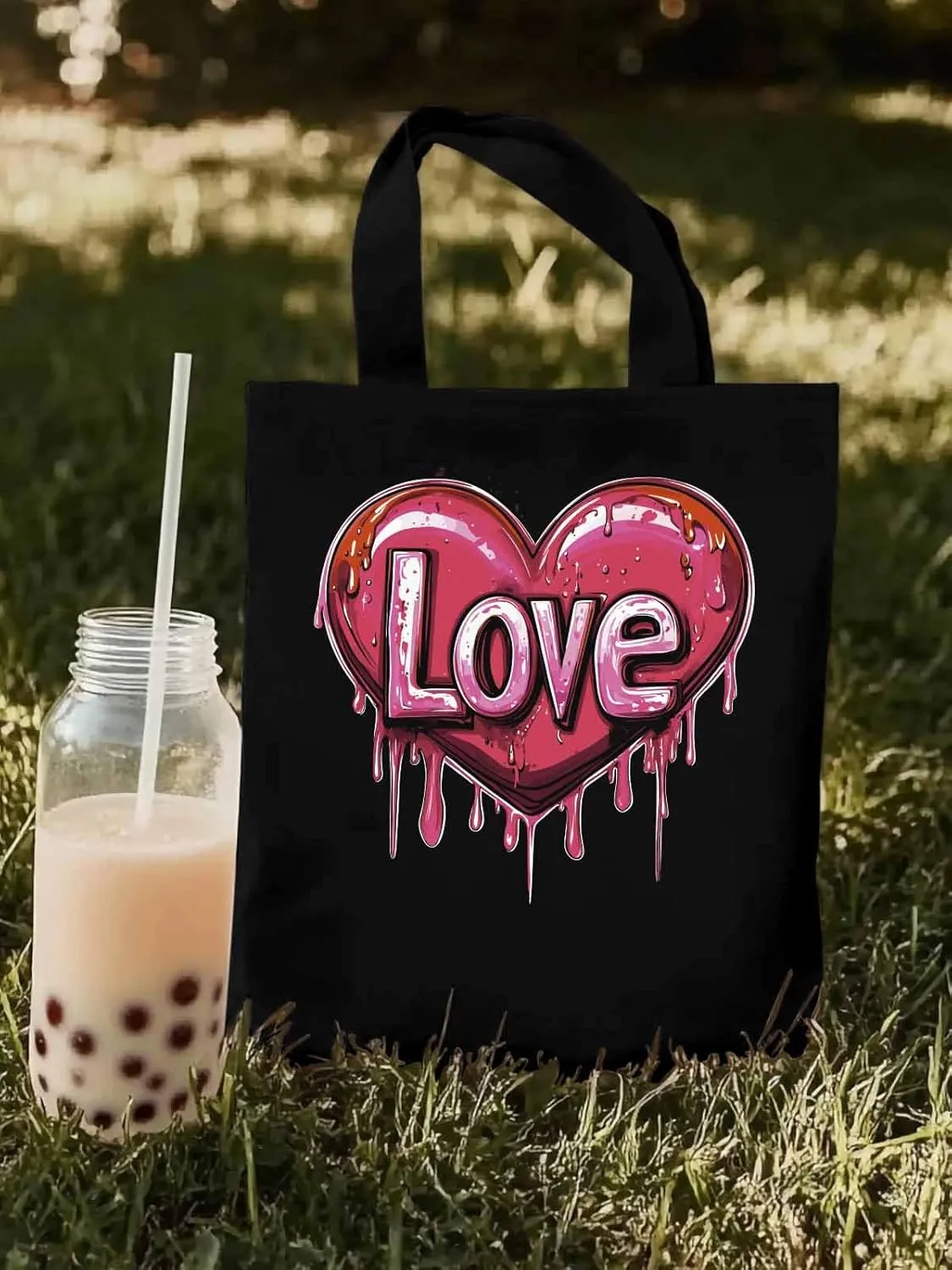 Canvas Tote Bag, Red Graffiti Love Valentine's Day Aesthetic Canvas Tote Handbags for Women Shoulder Bag