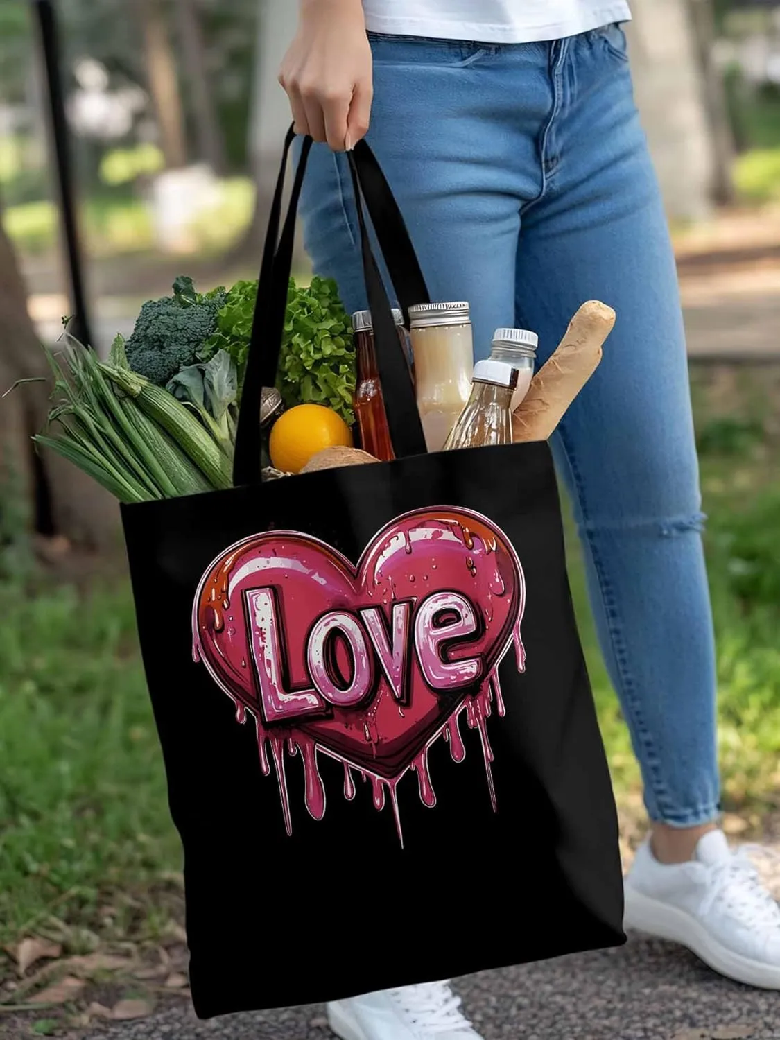 Canvas Tote Bag, Red Graffiti Love Valentine's Day Aesthetic Canvas Tote Handbags for Women Shoulder Bag