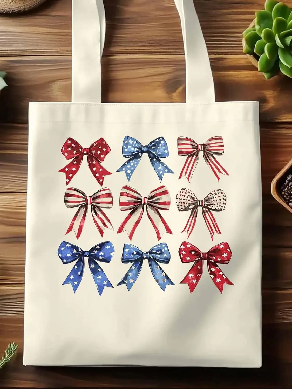 Canvas Tote Bag, Retro American Flag Bow Aesthetic Canvas Tote Handbags for Women Shoulder Bag
