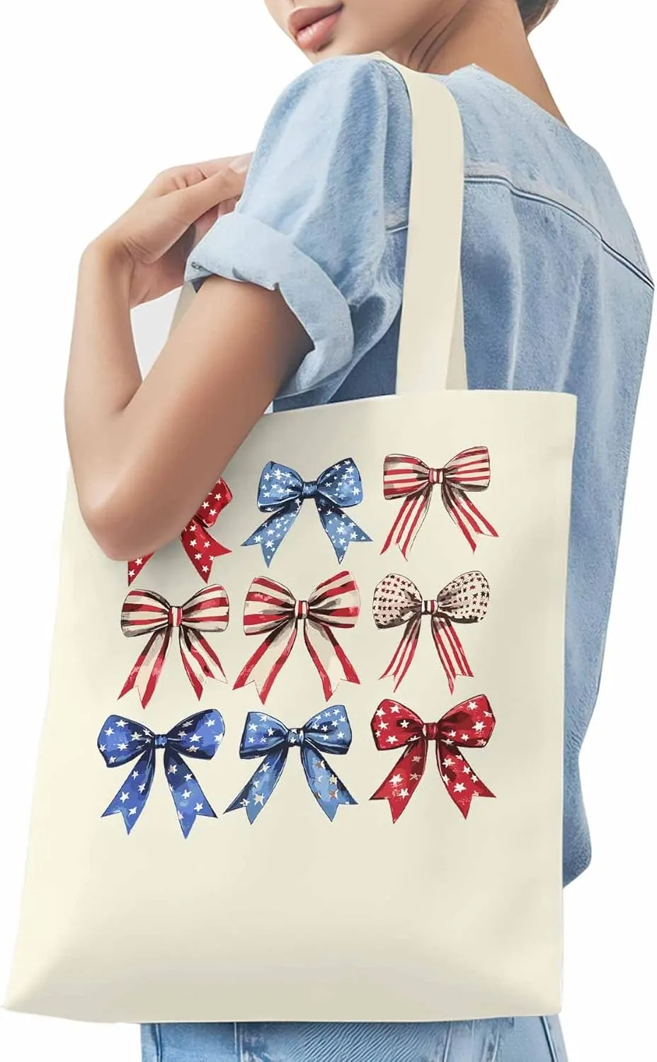 Canvas Tote Bag, Retro American Flag Bow Aesthetic Canvas Tote Handbags for Women Shoulder Bag