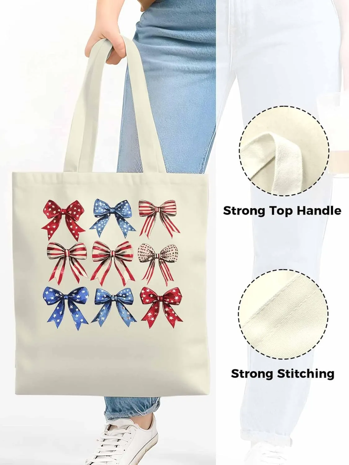 Canvas Tote Bag, Retro American Flag Bow Aesthetic Canvas Tote Handbags for Women Shoulder Bag