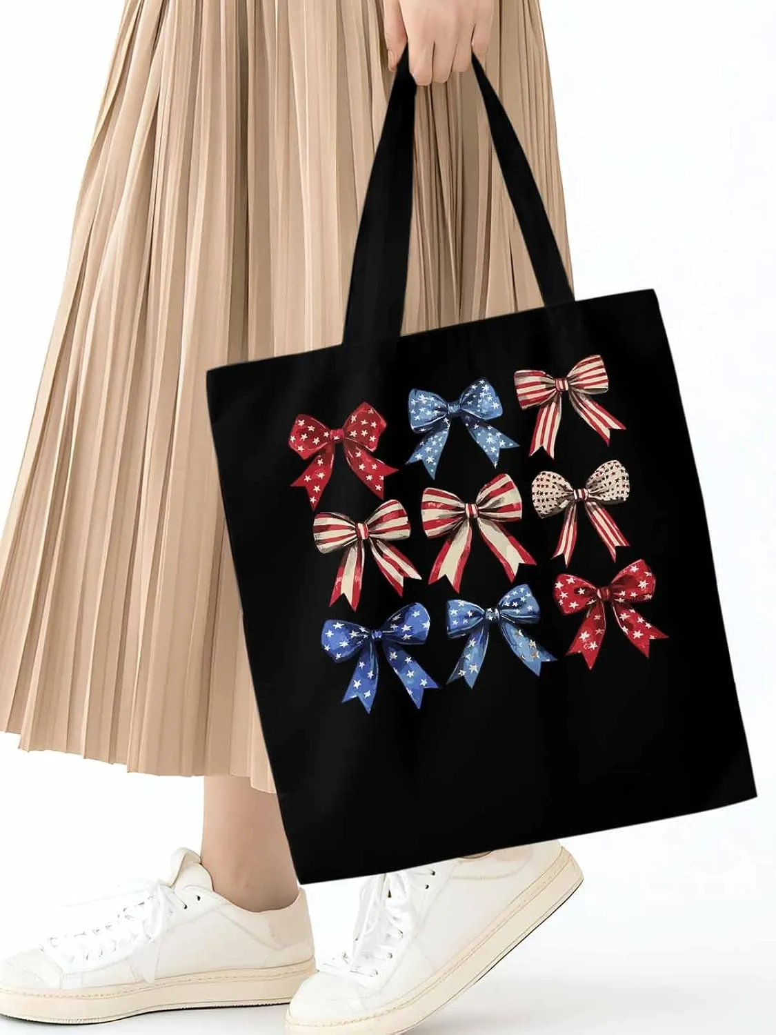 Canvas Tote Bag, Retro American Flag Bow Aesthetic Canvas Tote Handbags for Women Shoulder Bag