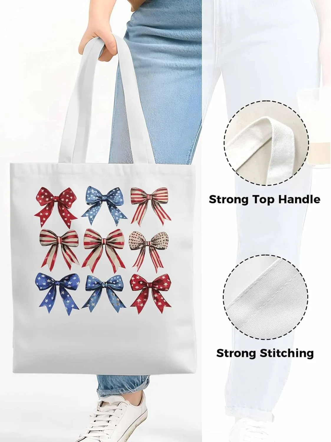 Canvas Tote Bag, Retro American Flag Bow Aesthetic Canvas Tote Handbags for Women Shoulder Bag
