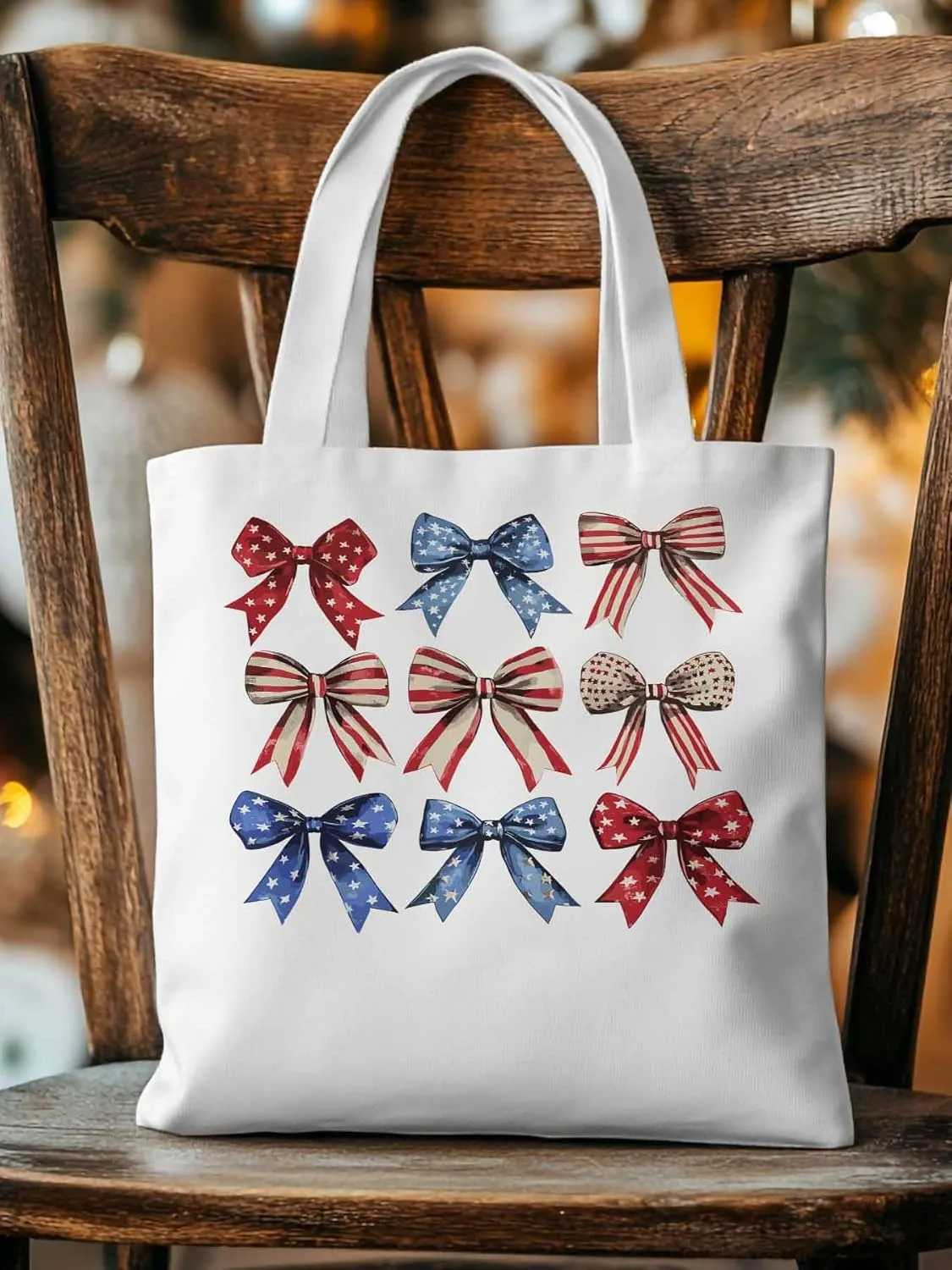 Canvas Tote Bag, Retro American Flag Bow Aesthetic Canvas Tote Handbags for Women Shoulder Bag