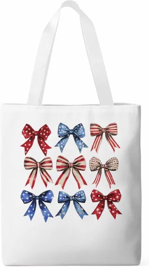 Canvas Tote Bag, Retro American Flag Bow Aesthetic Canvas Tote Handbags for Women Shoulder Bag