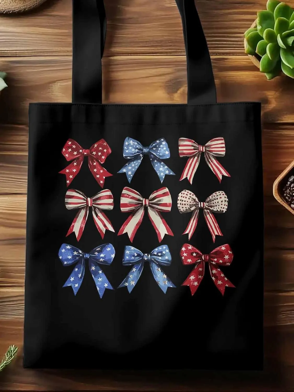 Canvas Tote Bag, Retro American Flag Bow Aesthetic Canvas Tote Handbags for Women Shoulder Bag