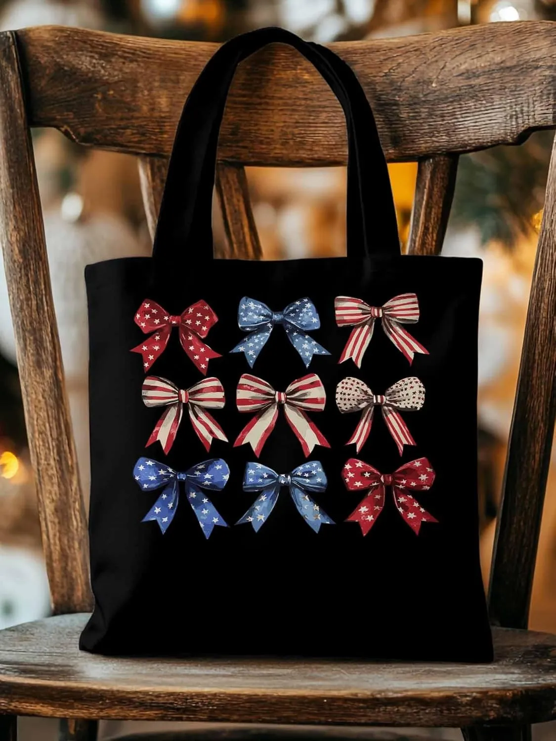 Canvas Tote Bag, Retro American Flag Bow Aesthetic Canvas Tote Handbags for Women Shoulder Bag