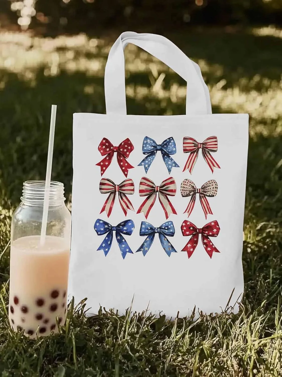 Canvas Tote Bag, Retro American Flag Bow Aesthetic Canvas Tote Handbags for Women Shoulder Bag