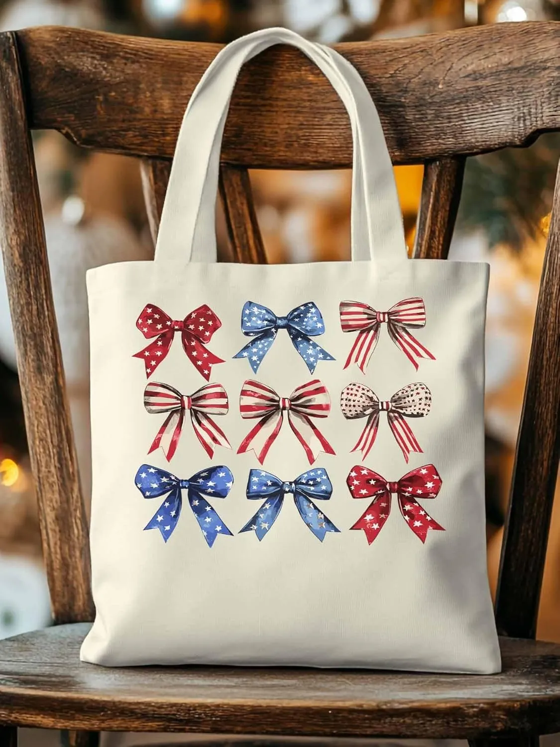 Canvas Tote Bag, Retro American Flag Bow Aesthetic Canvas Tote Handbags for Women Shoulder Bag