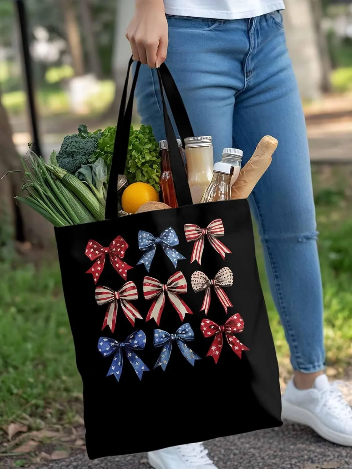Canvas Tote Bag, Retro American Flag Bow Aesthetic Canvas Tote Handbags for Women Shoulder Bag