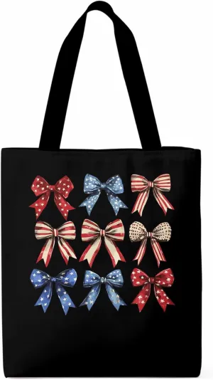 Canvas Tote Bag, Retro American Flag Bow Aesthetic Canvas Tote Handbags for Women Shoulder Bag