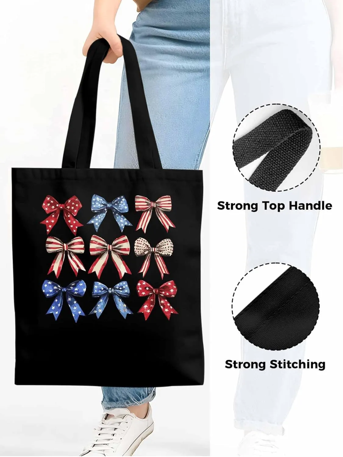 Canvas Tote Bag, Retro American Flag Bow Aesthetic Canvas Tote Handbags for Women Shoulder Bag