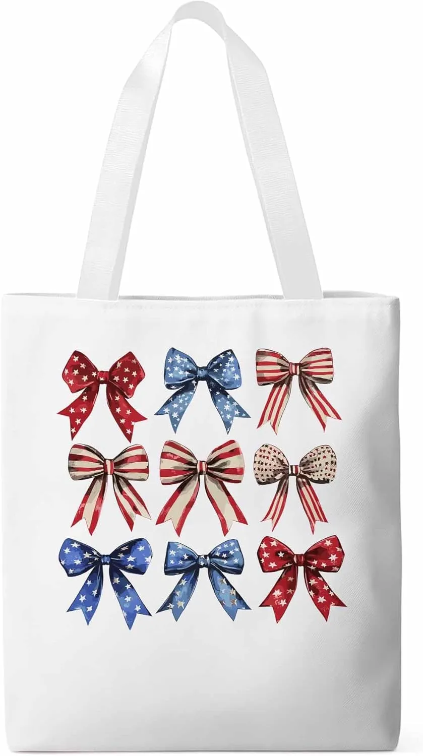 Canvas Tote Bag, Retro American Flag Bow Aesthetic Canvas Tote Handbags for Women Shoulder Bag