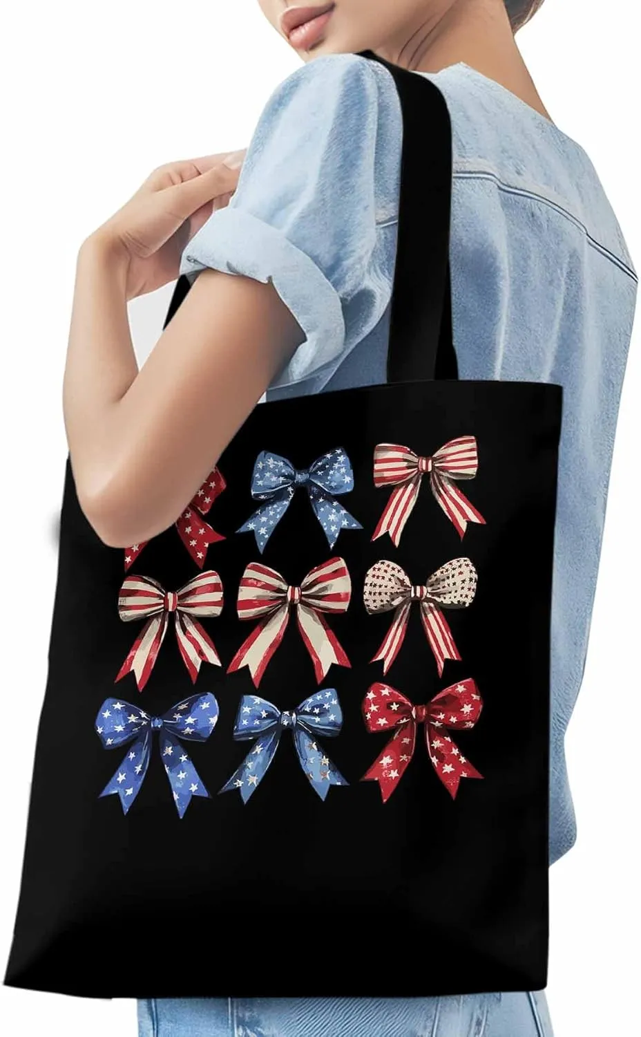 Canvas Tote Bag, Retro American Flag Bow Aesthetic Canvas Tote Handbags for Women Shoulder Bag