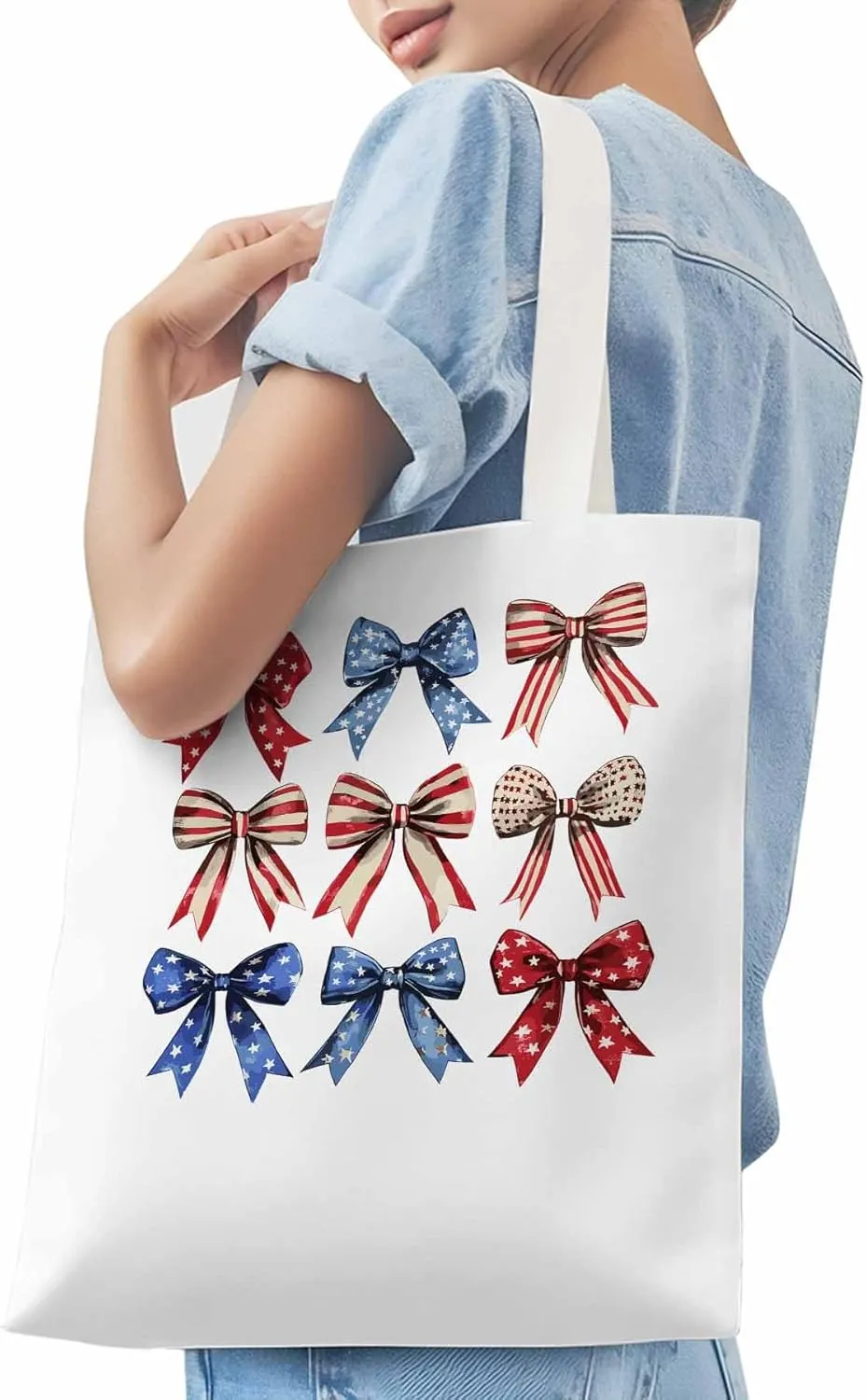 Canvas Tote Bag, Retro American Flag Bow Aesthetic Canvas Tote Handbags for Women Shoulder Bag