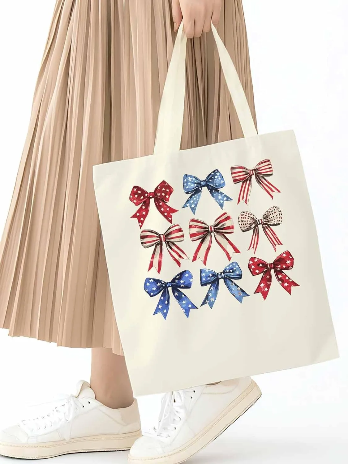 Canvas Tote Bag, Retro American Flag Bow Aesthetic Canvas Tote Handbags for Women Shoulder Bag