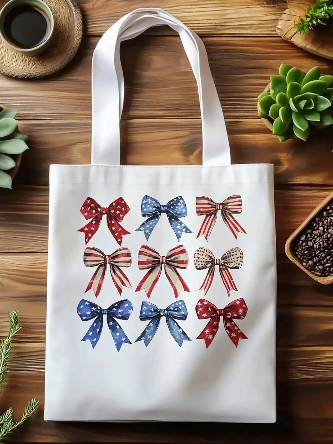 Canvas Tote Bag, Retro American Flag Bow Aesthetic Canvas Tote Handbags for Women Shoulder Bag