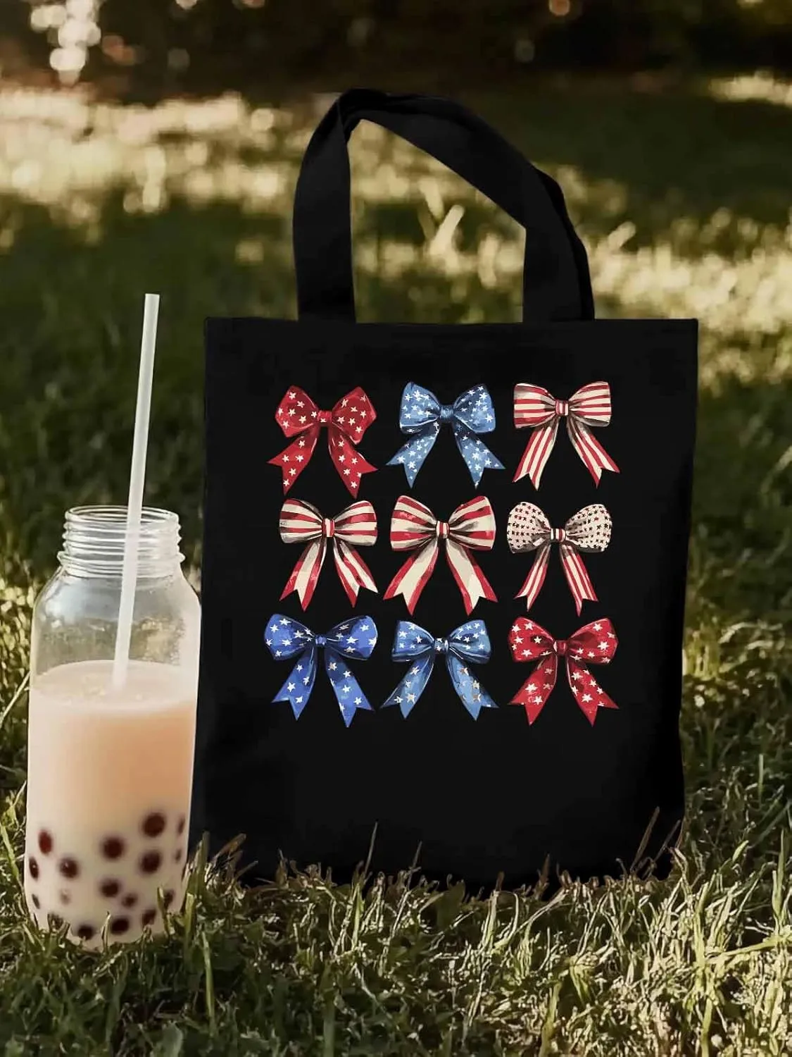 Canvas Tote Bag, Retro American Flag Bow Aesthetic Canvas Tote Handbags for Women Shoulder Bag