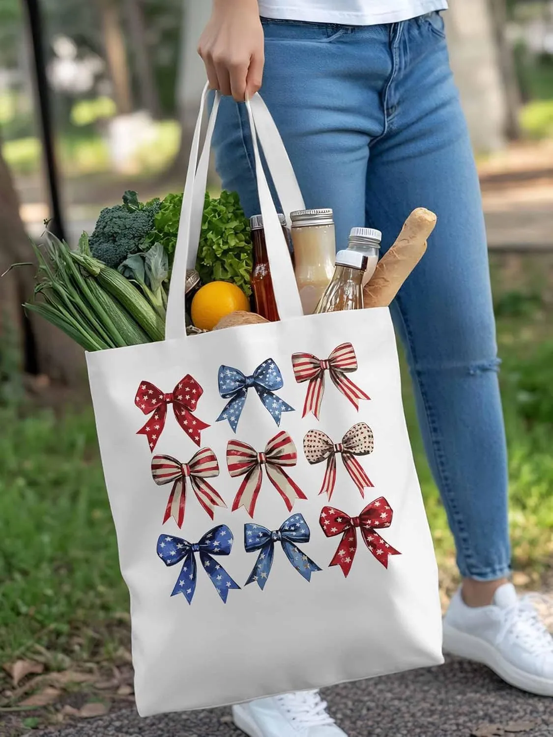 Canvas Tote Bag, Retro American Flag Bow Aesthetic Canvas Tote Handbags for Women Shoulder Bag