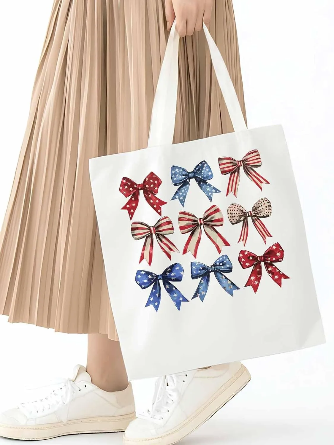 Canvas Tote Bag, Retro American Flag Bow Aesthetic Canvas Tote Handbags for Women Shoulder Bag