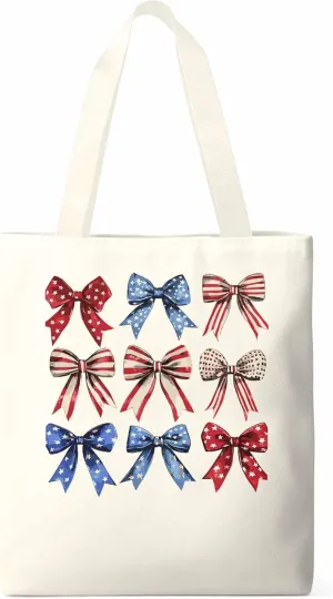 Canvas Tote Bag, Retro American Flag Bow Aesthetic Canvas Tote Handbags for Women Shoulder Bag