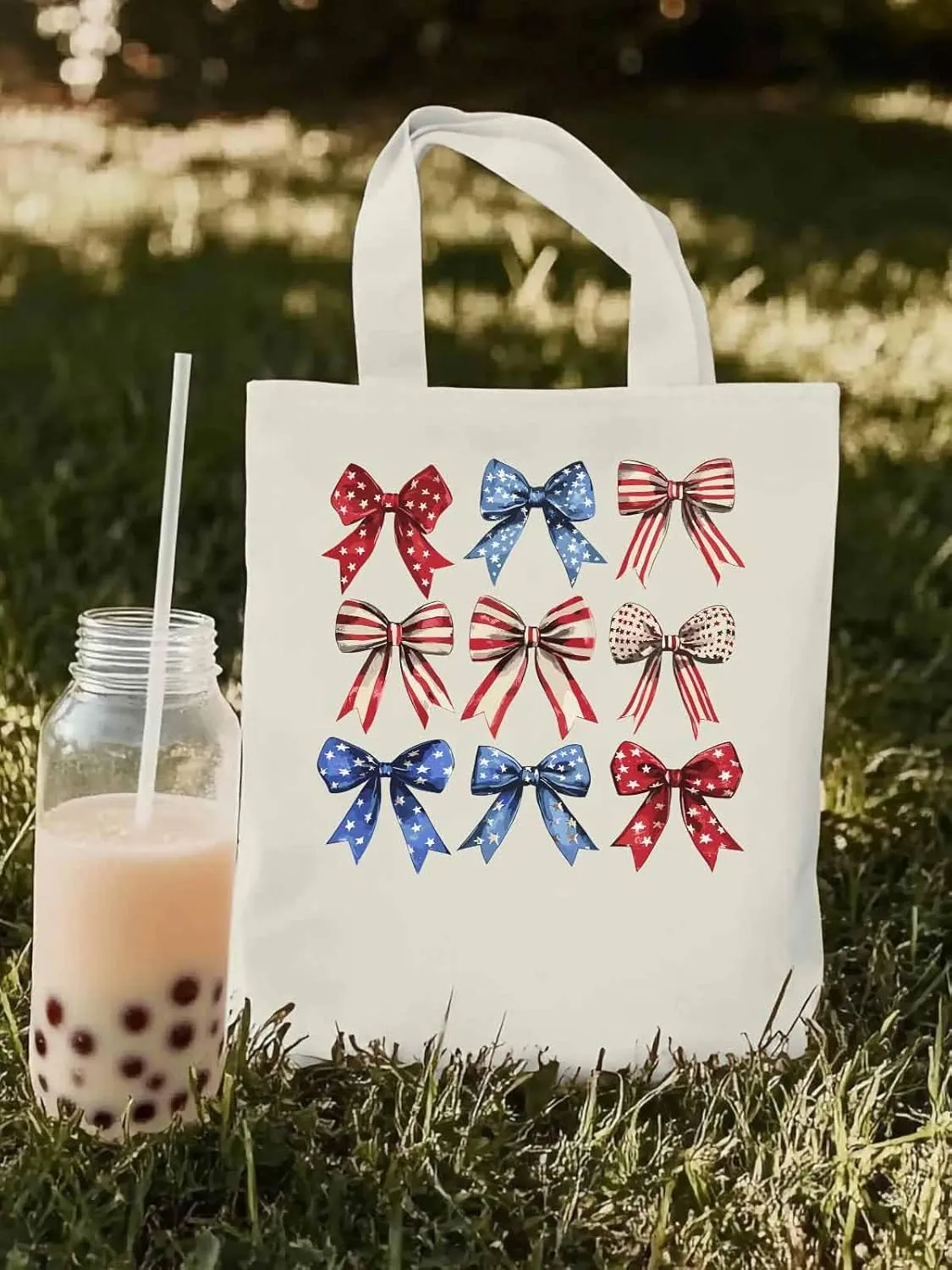 Canvas Tote Bag, Retro American Flag Bow Aesthetic Canvas Tote Handbags for Women Shoulder Bag