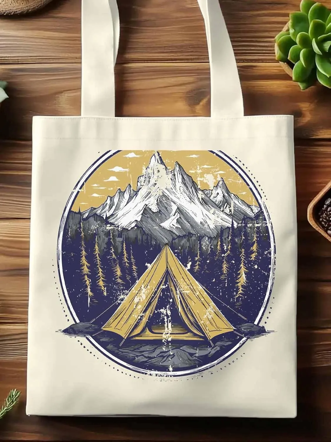 Canvas Tote Bag, Retro Comics Forest Camping Aesthetic Canvas Tote Handbags for Women Shoulder Bag,