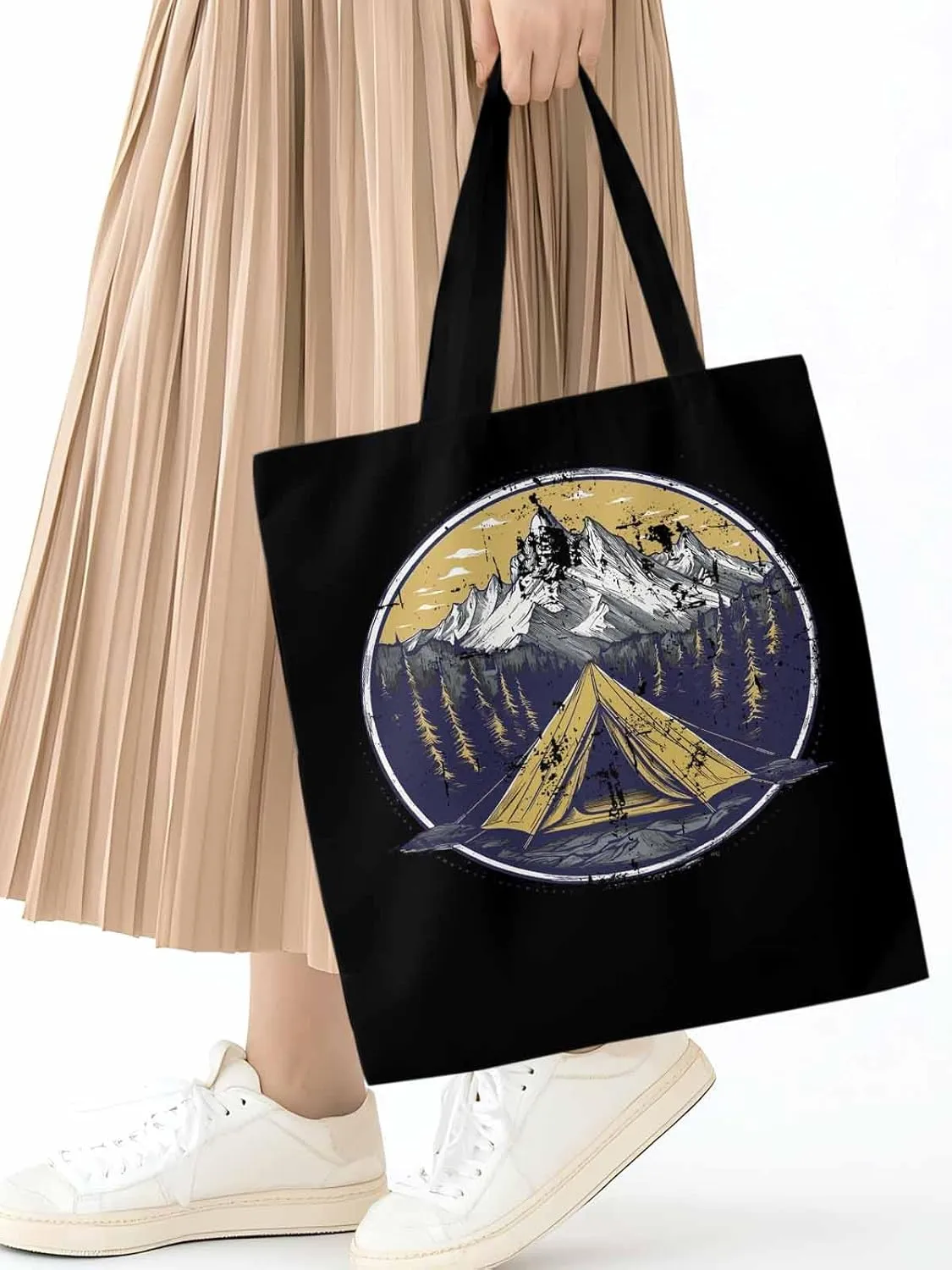 Canvas Tote Bag, Retro Comics Forest Camping Aesthetic Canvas Tote Handbags for Women Shoulder Bag,