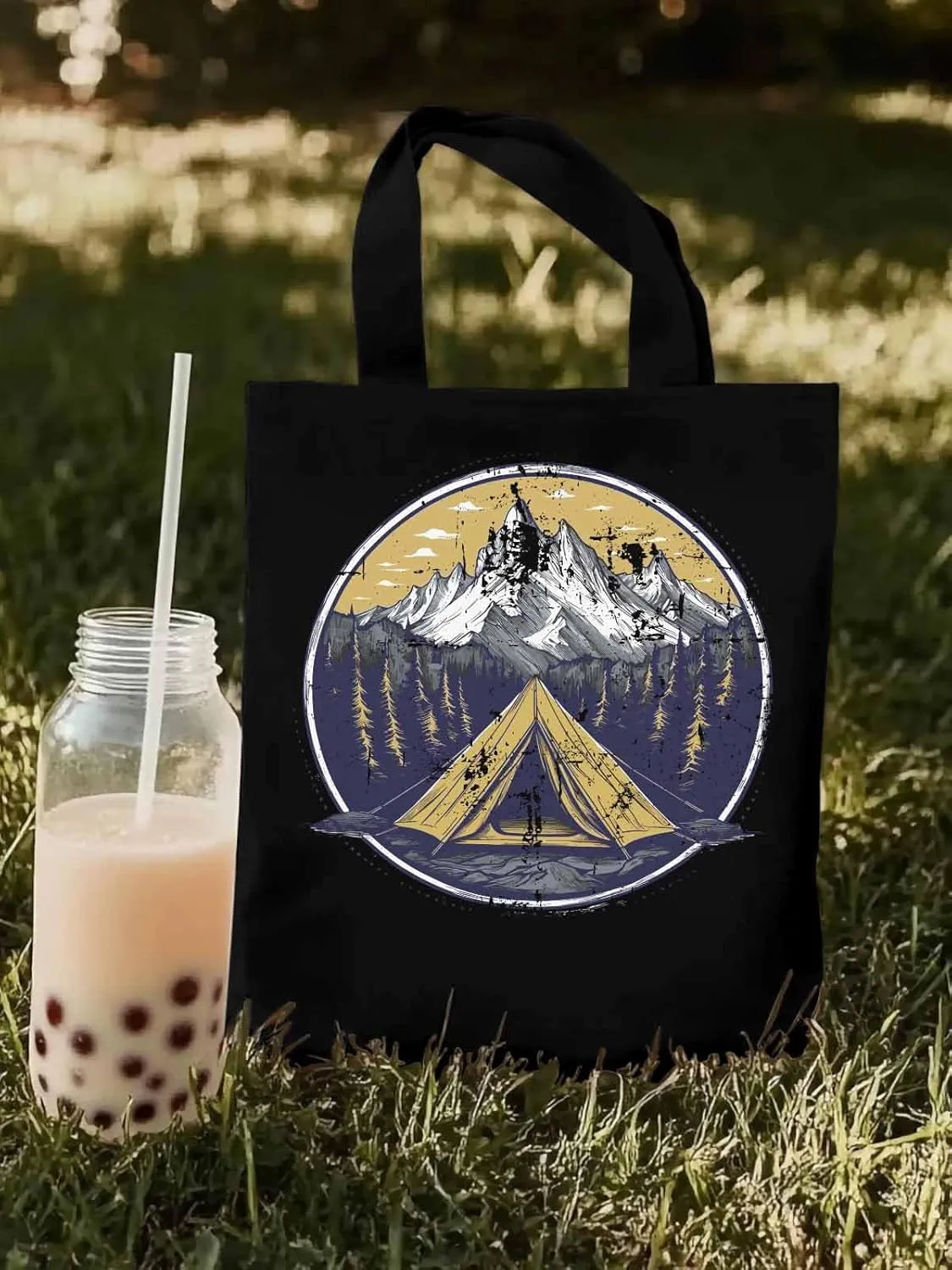 Canvas Tote Bag, Retro Comics Forest Camping Aesthetic Canvas Tote Handbags for Women Shoulder Bag,